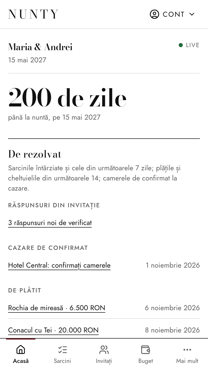 Pagina nunții în Nunty: zilele rămase până la nuntă și ce e de rezolvat săptămâna aceasta