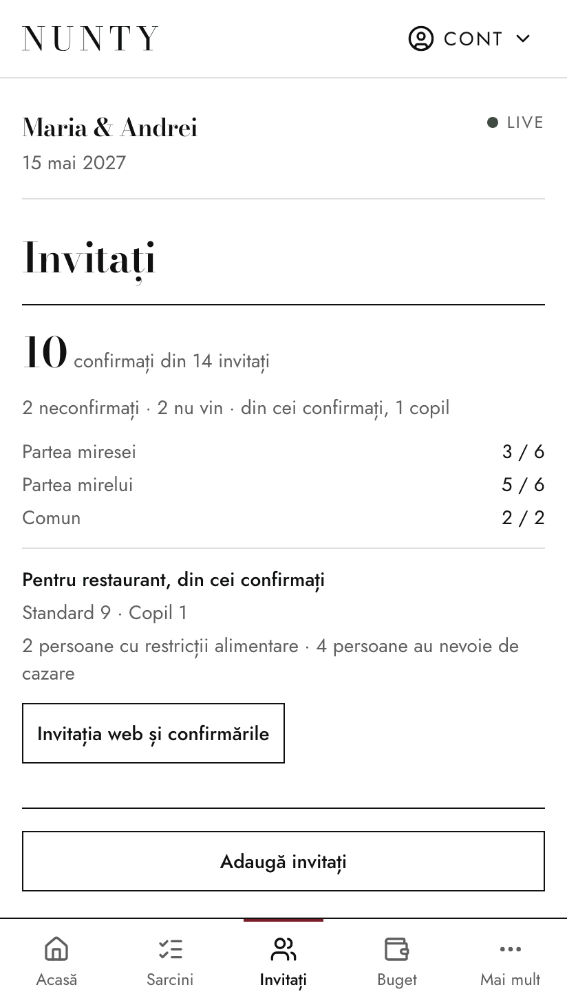 Lista de invitați pe familii, cu persoanele și confirmările lor