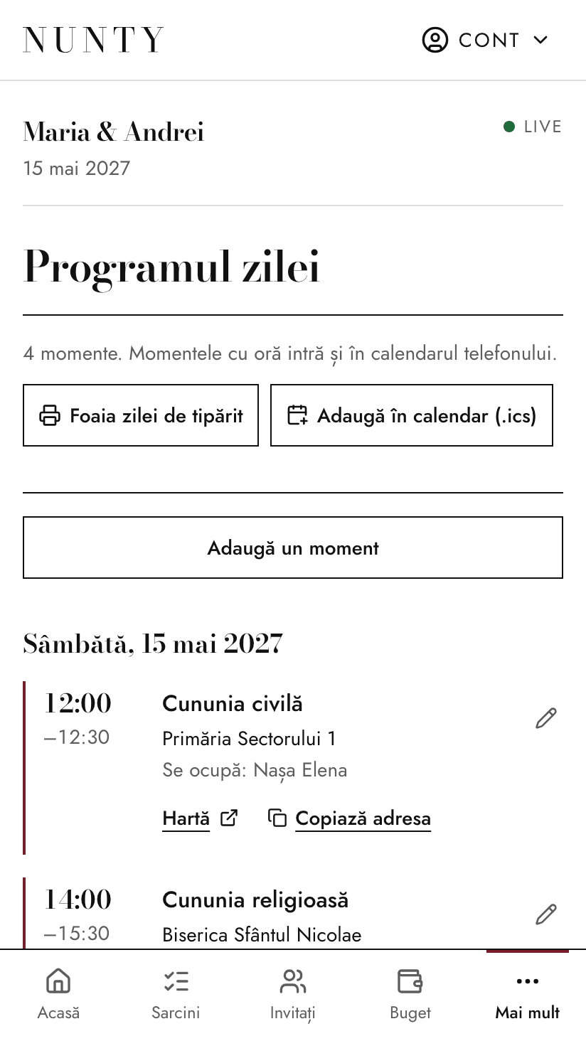 Programul zilei nunții, pe ore, cu locurile și cine se ocupă