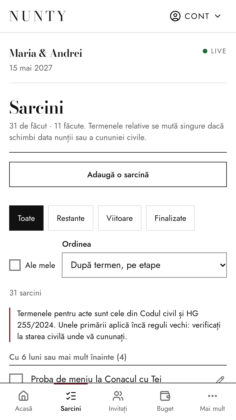 Lista de sarcini a nunții, cu termene calculate după data nunții